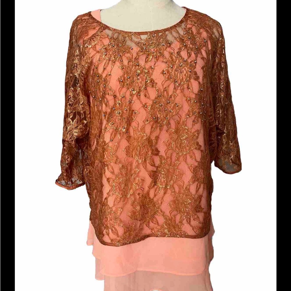 Embellished Lace Overlay Coral Blouse